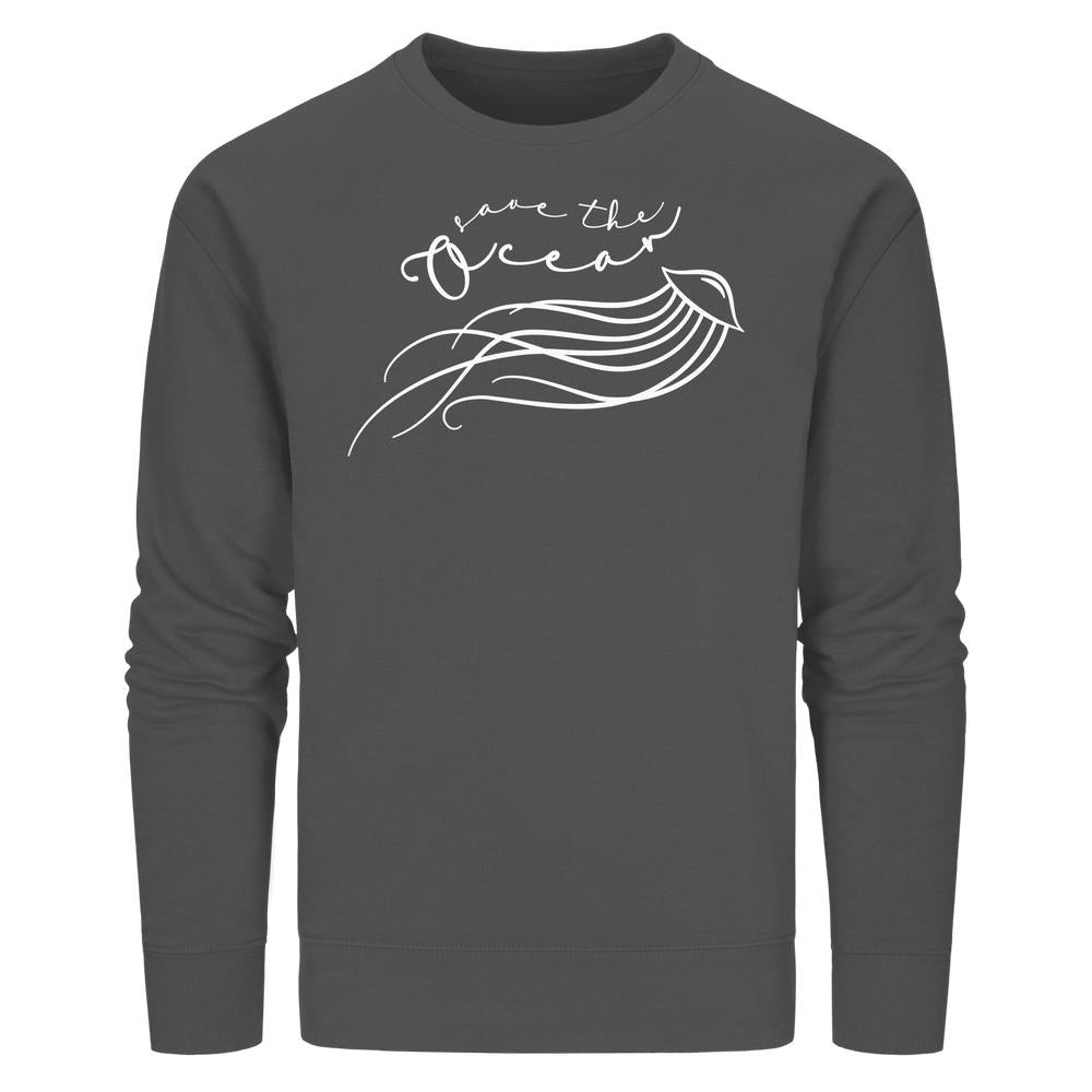 Vegan und Bio Unisex Sweatshirt: Jellyfish - Save the Ocean, zeigt eine stilisierte Qualle mit Save the Ocean-Text, unterstreicht Nachhaltigkeit und Meeresschutz.