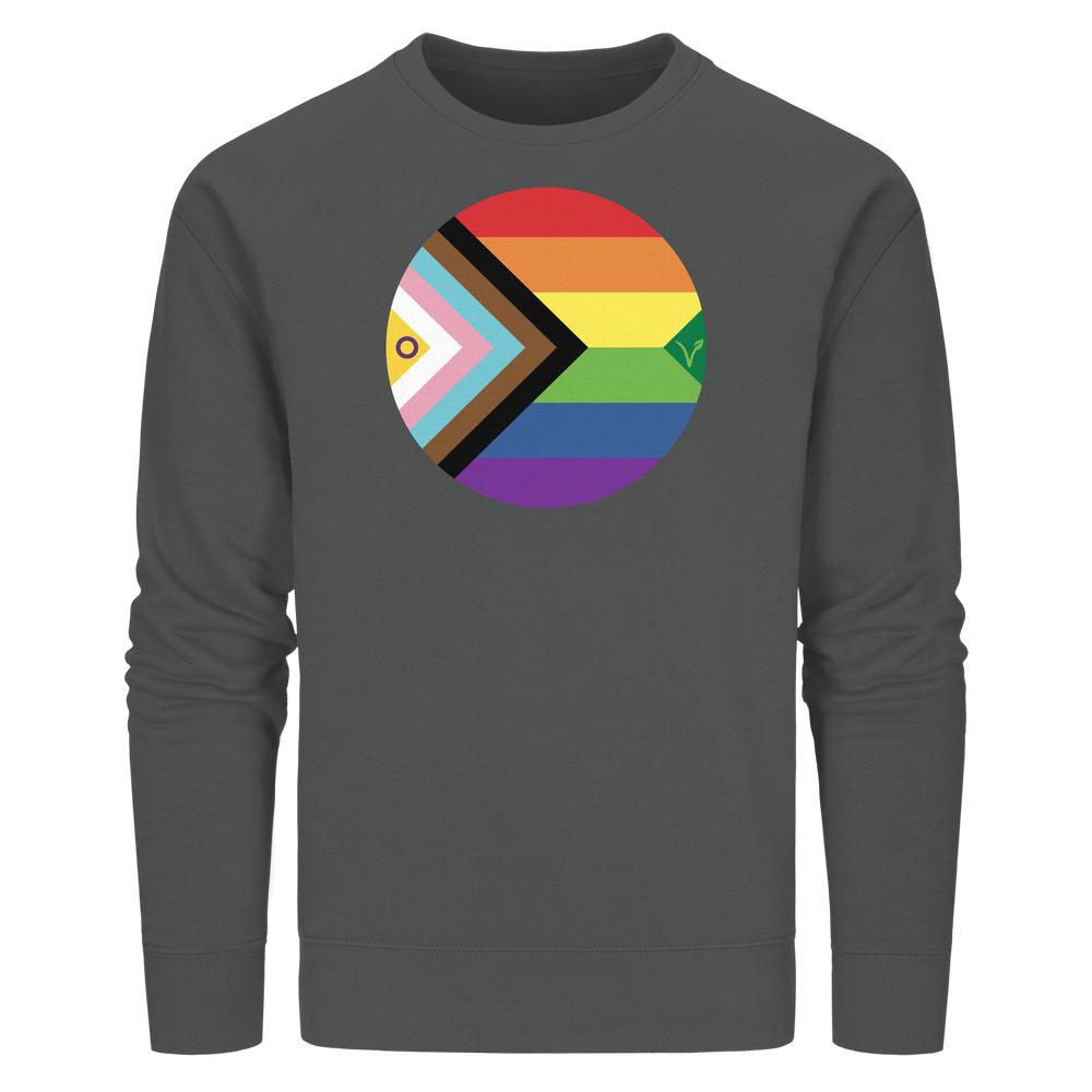 Dunkelgraues Unisex-Sweatshirt mit großem Progress-Pride-Kreis inklusive Veganismus-Symbol, aus Bio-Baumwolle und recyceltem Polyester, normaler Schnitt.
