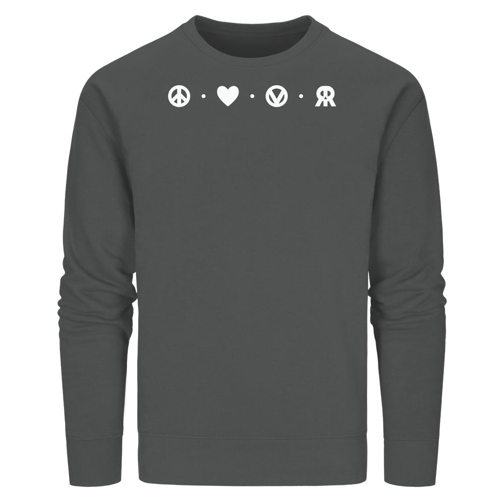 Unisex-Sweatshirt in Dunkelgrau mit vier weißen Icons für Frieden, Liebe, Veganismus und Rebellion auf der Brust. Nachhaltiges Design von RUDE REBEL.