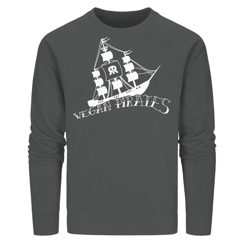 Dunkelgraues Unisex-Sweatshirt mit weißem VEGAN PIRATES-Print und Piratenschiff, aus Biobaumwolle und recyceltem Polyester, inspiriert von veganer, nachhaltiger Mode von RUDE REBEL.