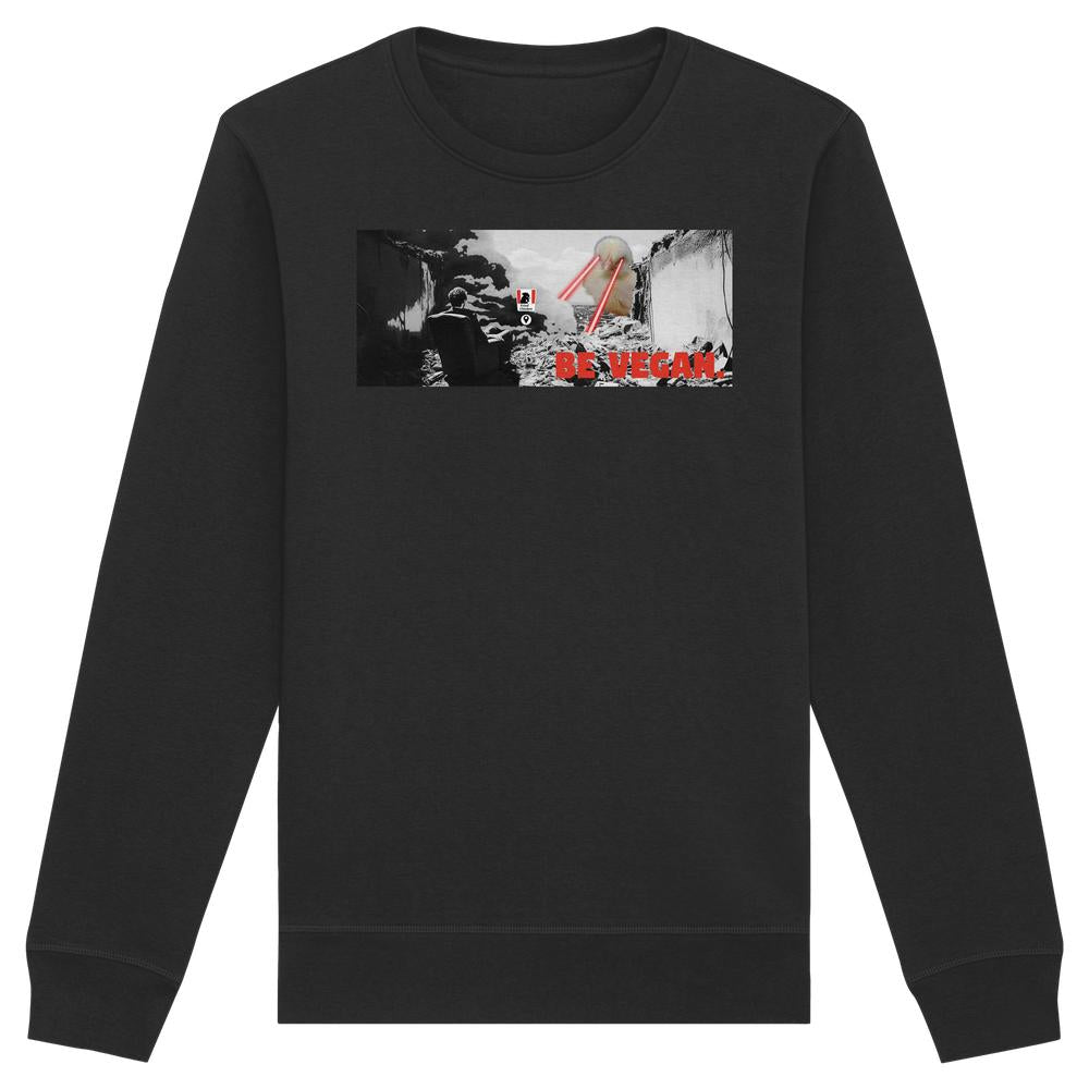 Vegan und Bio Sweatshirt: BE VEGAN. - Dystopisches Motiv mit Figur in Trümmern und rotem Schriftzug, aus Bio-Baumwolle und recyceltem Polyester, rebellisches Design von RUDE REBEL.