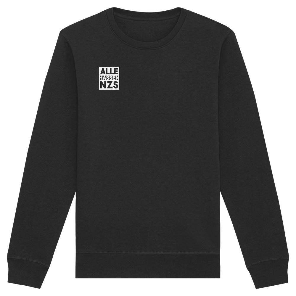 Schwarzes Unisex-Sweatshirt mit weißem ALLE HASSEN NZS!-Aufdruck auf der Brust, aus Bio-Baumwolle und recyceltem Polyester, normaler Schnitt, von RUDE REBEL.