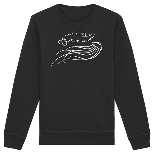 Vegan und Bio Unisex Sweatshirt mit filigraner Qualle, „Save the Ocean“-Schriftzug in Weiß, nachhaltige Baumwollmischung, rebellisches Design für Naturschutz von RUDE REBEL.