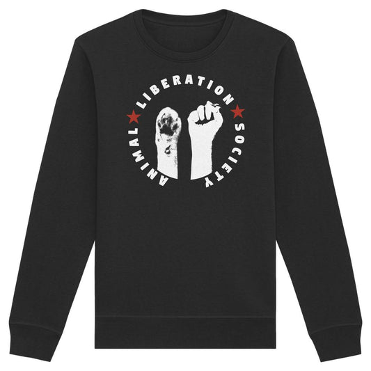 Vegan und Bio Unisex Sweatshirt: Raise paw and fist for Animal Liberation! Schwarzes Sweatshirt mit kreisförmigem Logo, Tierpfote und Menschenfaust, rote Sterne, Bio-Baumwolle, normale Passform.