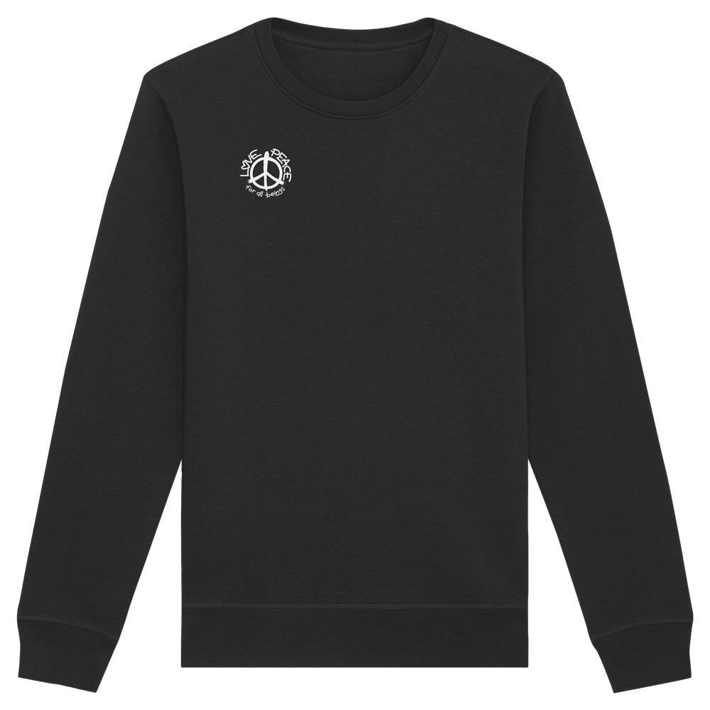 Vegan und Bio Unisex Sweatshirt mit Friedensbotschaft: Schwarzes Langarmshirt mit kleinem weißen Love • Peace • for all beings Grafikelement auf der Brust, aus Bio-Baumwolle und recyceltem Polyester.