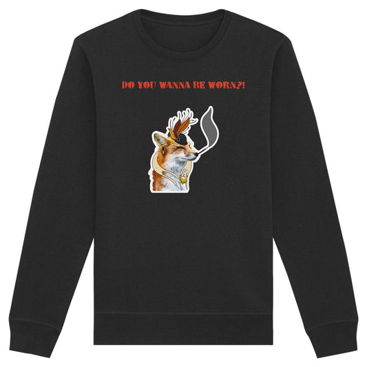 Vegan und Bio Unisex Sweatshirt: Mrs. Fox demonstriert gegen Pelz! Schwarzes Sweatshirt mit grafischem Fuchs, rotem Slogan und nachhaltigen Materialien, inspiriert von Tierrechten.