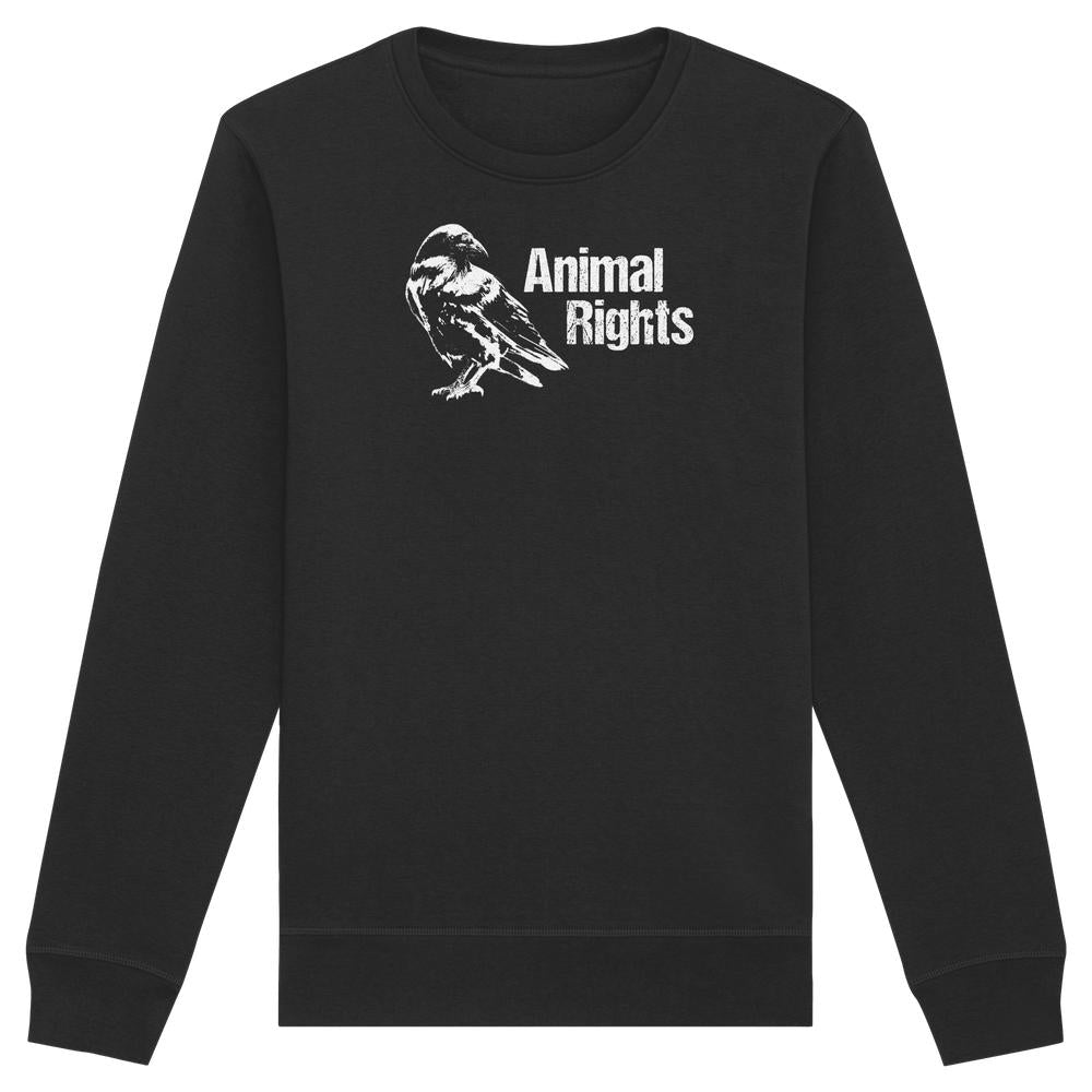 Vegan und Bio Unisex Sweatshirt: Raven - Animal Rights, schwarzes Langarmshirt mit Vogel- und Animal Rights-Aufdruck, aus Bio-Baumwolle und recyceltem Polyester, normale Passform.