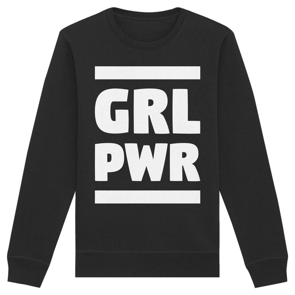 Schwarzes Unisex-Bio-Sweatshirt mit GRL PWR-Slogan in weißen Blockbuchstaben, feministisches Design von RUDE REBEL, Material aus 85% Bio-Baumwolle, 15% recyceltem Polyester.