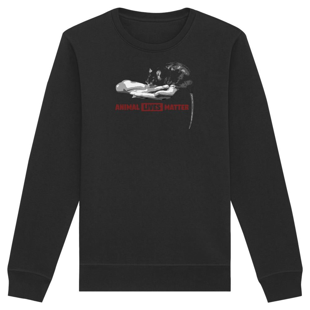 Vegan und Bio Unisex Sweatshirt: ANIMAL LIVES MATTER mit Rattenmotiv und rotem LIVES-Hervorhebung, aus Bio-Baumwolle und recyceltem Polyester, normaler Schnitt.