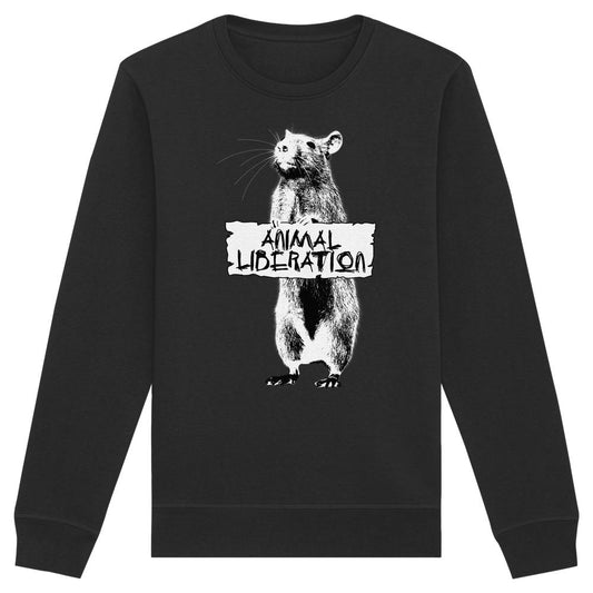 Vegan und Bio Unisex Sweatshirt: Rat for Animal Liberation mit Banksy-inspirierter Grafik eines Rattenmotivs, 85% Bio-Baumwolle, 15% recyceltes Polyester, normale Passform.