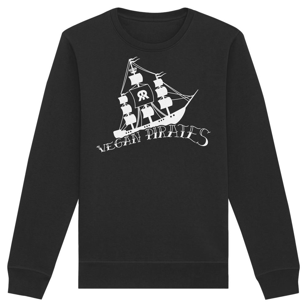 Schwarzes Unisex Sweatshirt Vegan Pirates mit weißem Piratenschiff-Grafik, aus Bio-Baumwolle und recyceltem Polyester, von RUDE REBEL, verkörpert vegane und nachhaltige Werte.
