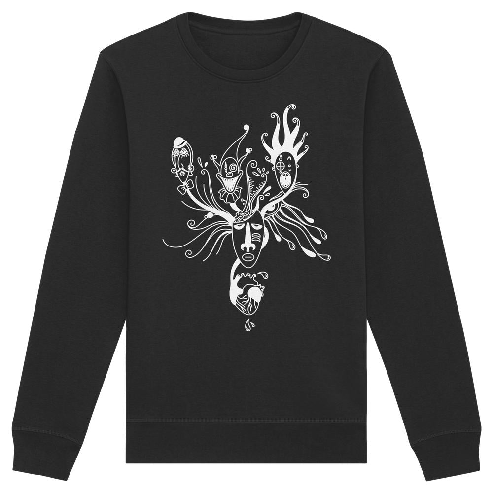 Vegan und Bio Unisex Sweatshirt mit surrealem, abstraktem Gesichtsgrafik, symbolisierend mentale Gesundheit und Identität, aus Bio-Baumwolle und recyceltem Polyester, rebellisch und nachhaltig von RUDE REBEL.