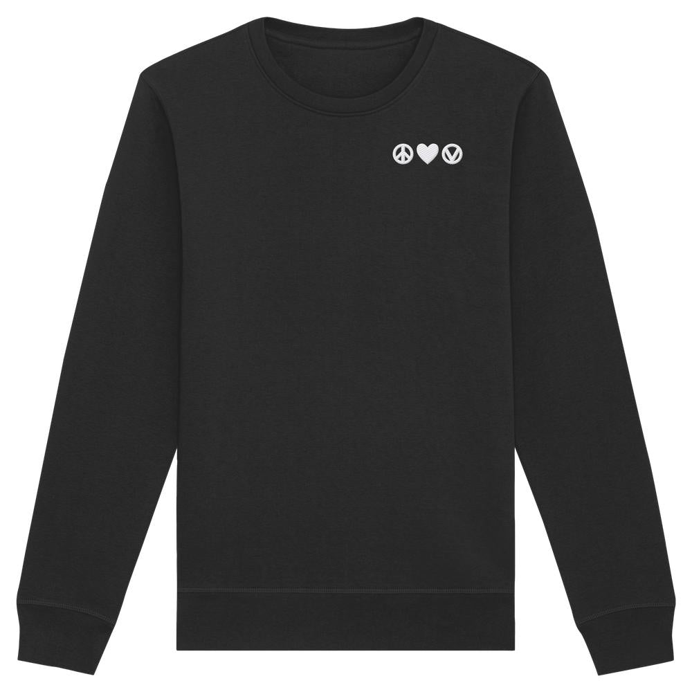 Vegan und Bio Sweatshirt bestickt: Peace - Love - Veganism. Schwarzes Langarmshirt mit weißen Symbolen für Frieden, Liebe, Veganismus auf der Brust. Bequeme, nachhaltige Passform.