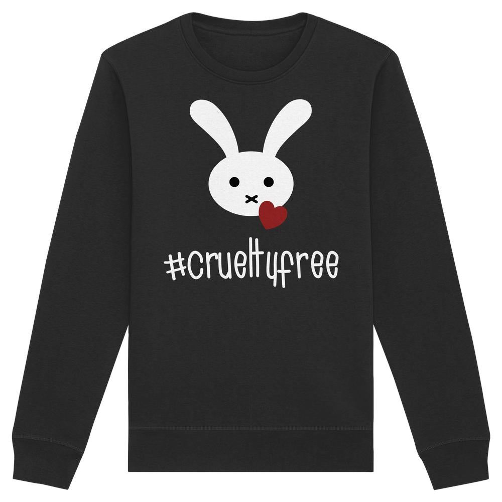 Vegan und Bio Unisex Sweatshirt: Crueltyfree Bunny BIG zeigt ein Hasengesicht mit Herz, betont Tierschutz durch #crueltyfree-Text; nachhaltig, aus Biobaumwolle und recyceltem Polyester.