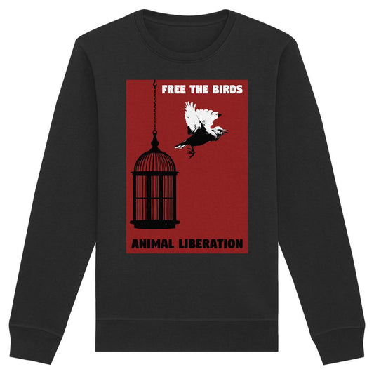 Vegan und Bio Unisex Sweatshirt: Free the birds - Animal Liberation mit rotem Panel, Vogelkäfig, fliegendem Vogel und Slogan, aus Bio-Baumwolle und recyceltem Polyester.