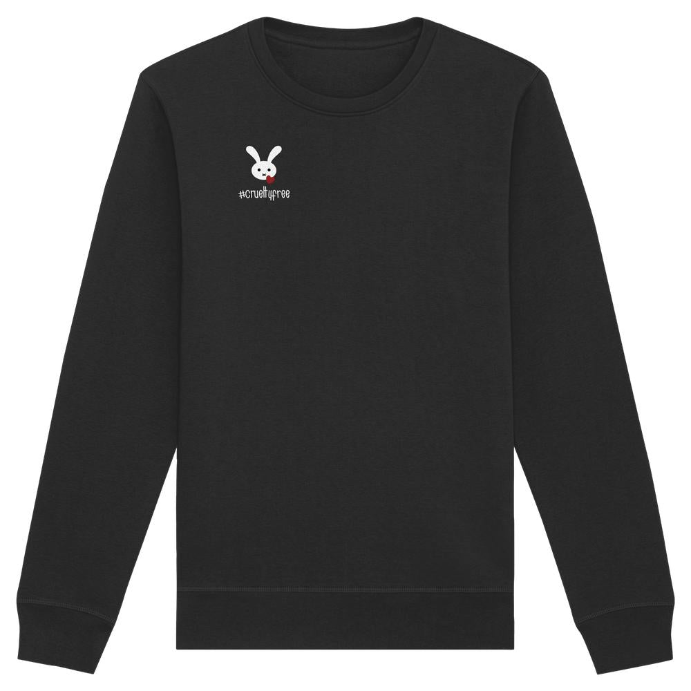 Schwarzes Vegan und Bio Unisex Sweatshirt: Crueltyfree Bunny mit weißem Cartoon-Kaninchenkopf und „#crueltyfree“-Text, symbolisiert Tierrechtsbewusstsein. Hergestellt aus Bio-Baumwolle und recyceltem Polyester.