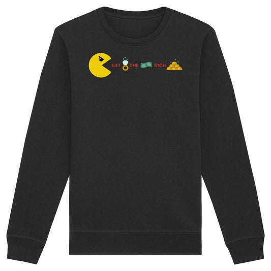 Vegan und Bio Unisex Sweatshirt: PAC-MAN - Eat the rich, schwarzes Sweatshirt mit gelbem Pac-Man-Design, der Reichtümer verschlingt, provokanter Slogan integriert.