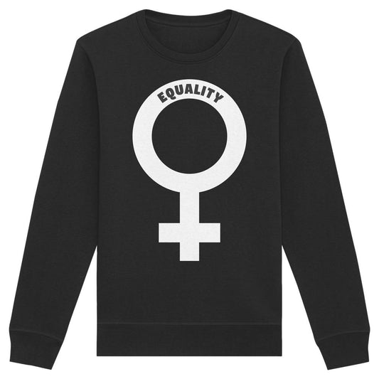 Schwarzes Unisex-Sweatshirt mit Venussymbol und EQUALITY-Schriftzug, aus Bio-Baumwolle und recyceltem Polyester, betont feministische Gleichberechtigung.