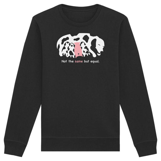 Vegan und Bio Unisex Sweatshirt: Animal equality, schwarzer Pullover mit Kuh- und Kalb-Grafik, Slogan Not the same but equal, betont Gleichheit und Tierliebe.