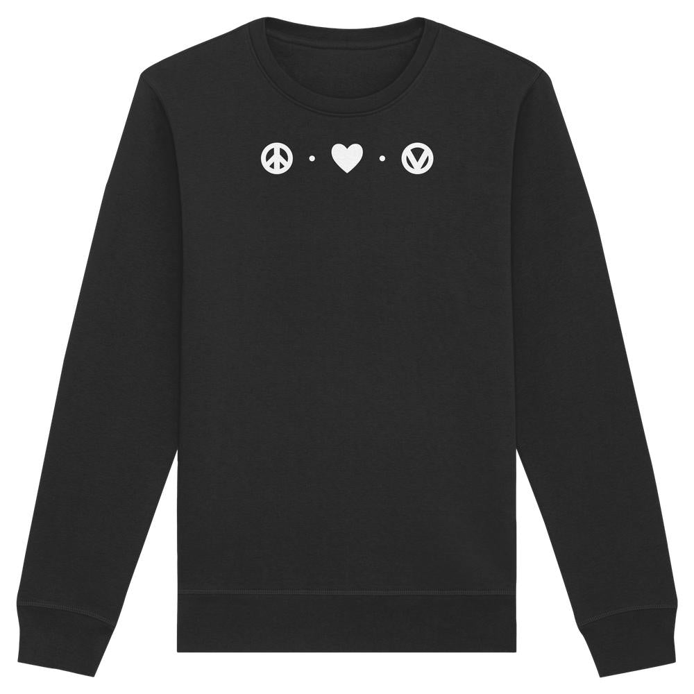 Schwarzes Unisex Sweatshirt mit Peace - Love - Veganism Design, zeigt Friedenszeichen, Herz und veganen Kreis auf der Brust. Vegane, nachhaltige Mode von RUDE REBEL.