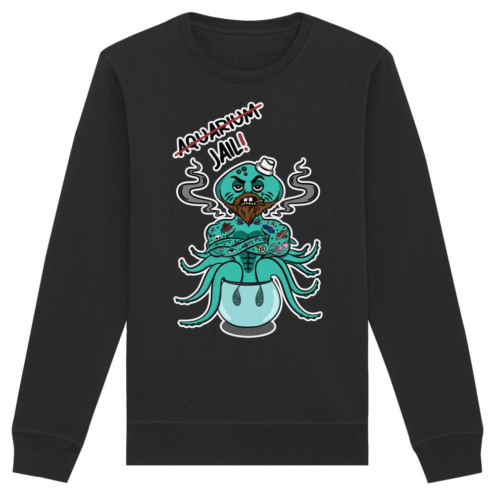 Vegan und Bio Unisex Sweatshirt: Animal Rights - Aquarium=Jail! mit tätowiertem, bärtigem Oktopus im Glas, humorvoller Protest gegen Tierhaltung in Aquarien, aus Bio-Baumwolle und recyceltem Polyester.