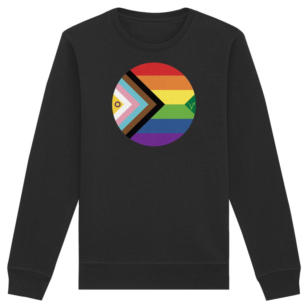 Unisex-Sweatshirt mit Progress-Pride-Kreis und veganem V, nachhaltige Bio-Baumwolle, für LGBTQAI+ und Veganismus, von RUDE REBEL, rebellisches Design für Freiheit und Tierrechte.