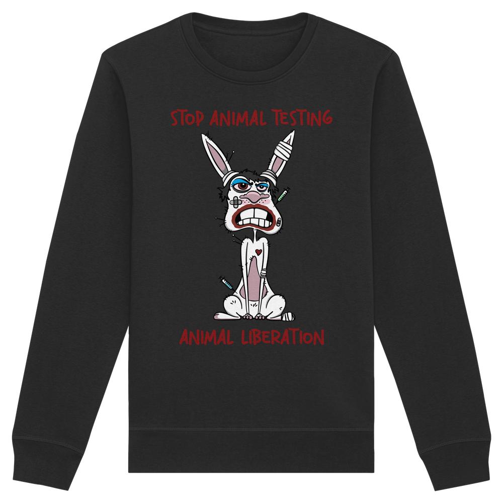 Vegan und Bio Unisex Sweatshirt mit Cartoon-Hasen, der von Spritzen verletzt ist, mit den Aufschriften „STOP ANIMAL TESTING“ und „ANIMAL LIBERATION“.