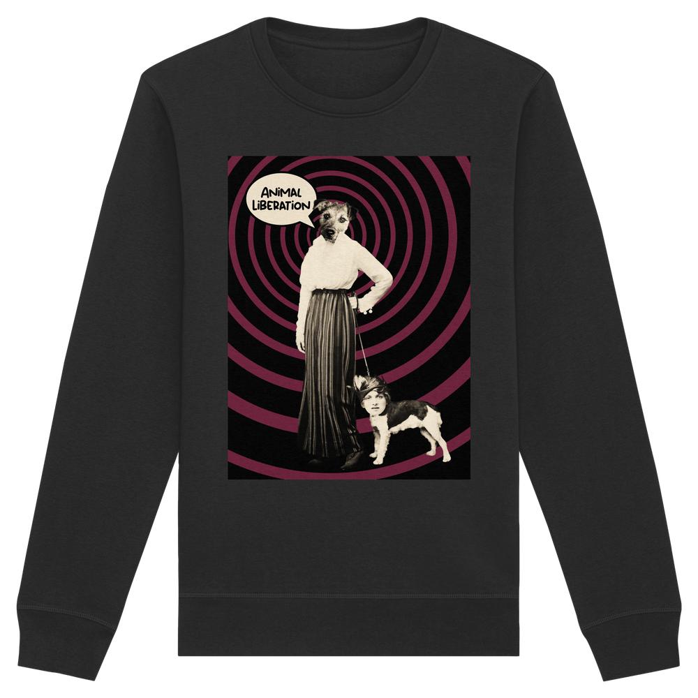 Vegan und Bio Unisex Sweatshirt: Upside Down - Animal Liberation mit surrealem Hunde-Kollage-Print, inspiriert von Tierrechten. Hergestellt aus Bio-Baumwolle und recyceltem Polyester.