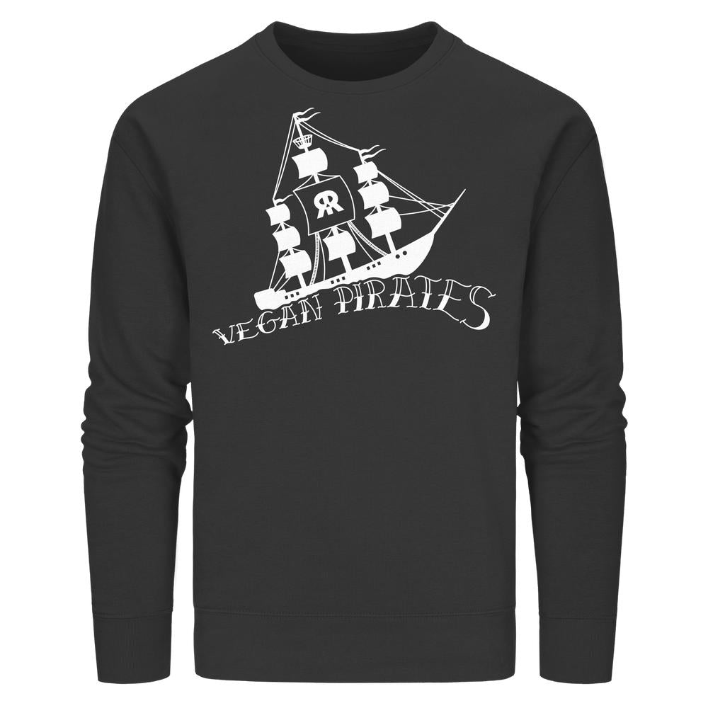 Unisex Sweatshirt: Vegan Pirates mit schwarzem Langarm, weißem Piratenschiff-Design und VEGAN PIRATES Schriftzug. Nachhaltige Materialien: 85% Bio-Baumwolle, 15% recyceltes Polyester.