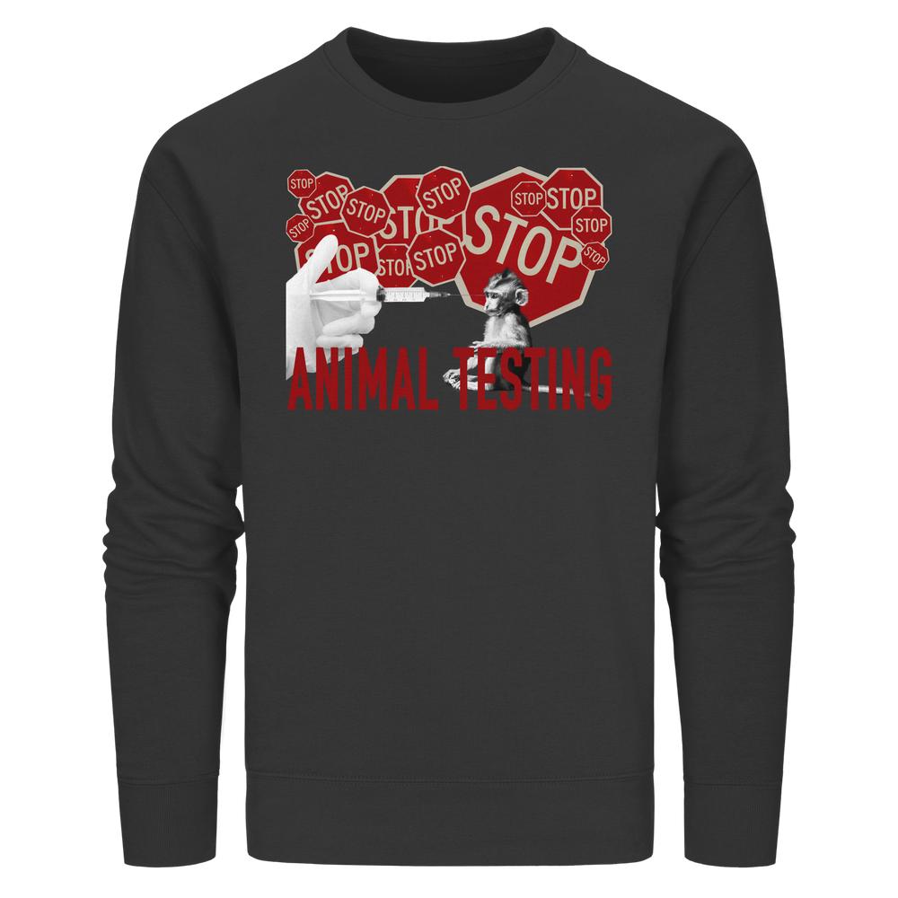 Schwarzes Unisex-Sweatshirt mit STOP ANIMAL TESTING!-Grafik: Rote Stoppschilder, Spritze, Affe. Bio-Baumwolle, normaler Schnitt. Von RUDE REBEL für Tierrechte.
