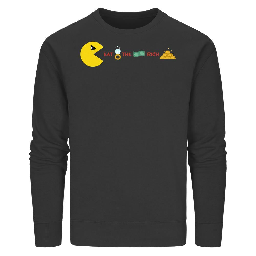 Schwarzes Unisex-Sweatshirt aus Bio-Baumwolle mit Eat the Rich-Grafik im Pac-Man-Stil, inklusive Diamantring, Geldstapel und Goldbarren.