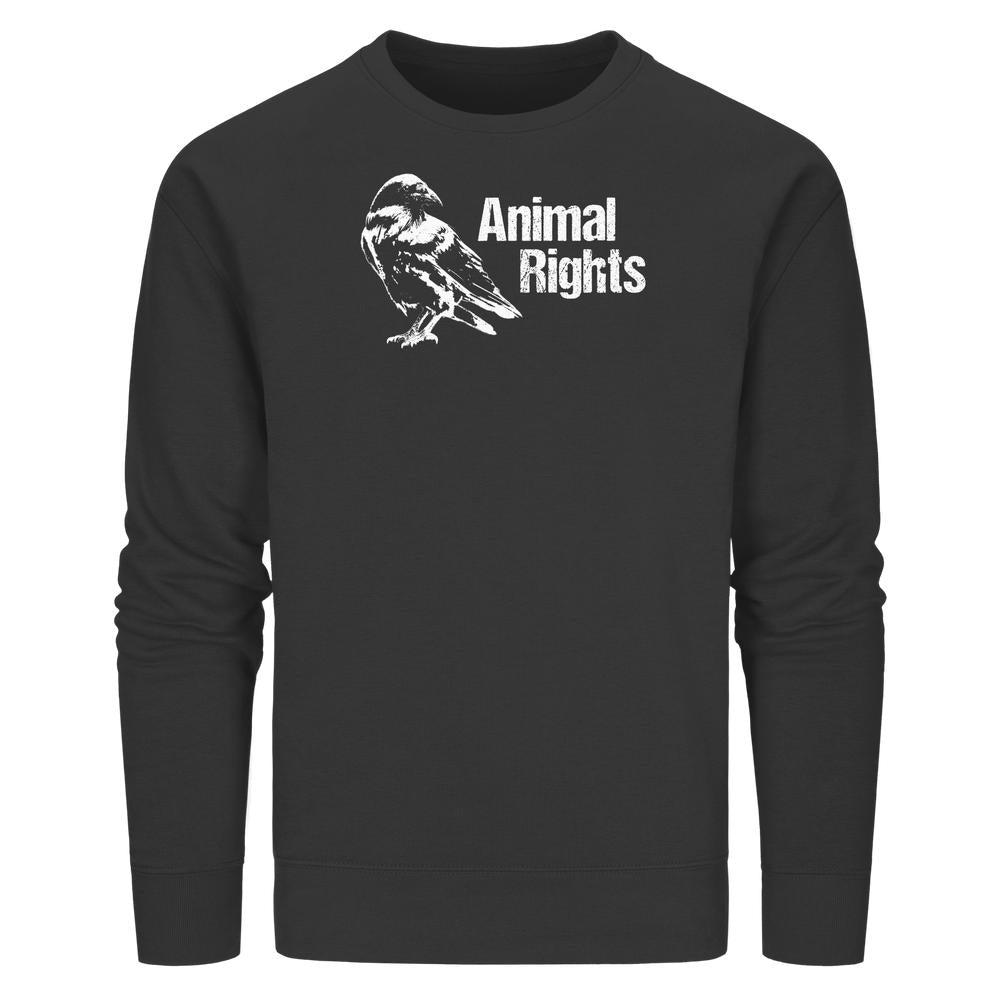 Schwarzes Unisex-Sweatshirt mit Rabe und Animal Rights-Grafik, aus Bio-Baumwolle und recyceltem Polyester. Veganes, nachhaltiges Design von RUDE REBEL.
