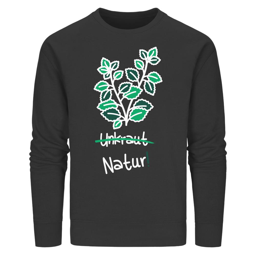 Vegan und Bio Unisex Sweatshirt mit Brennnessel-Design und “Unkraut”/“Natur!”-Aufschrift. Hergestellt aus Bio-Baumwolle und recyceltem Polyester, normaler Schnitt.