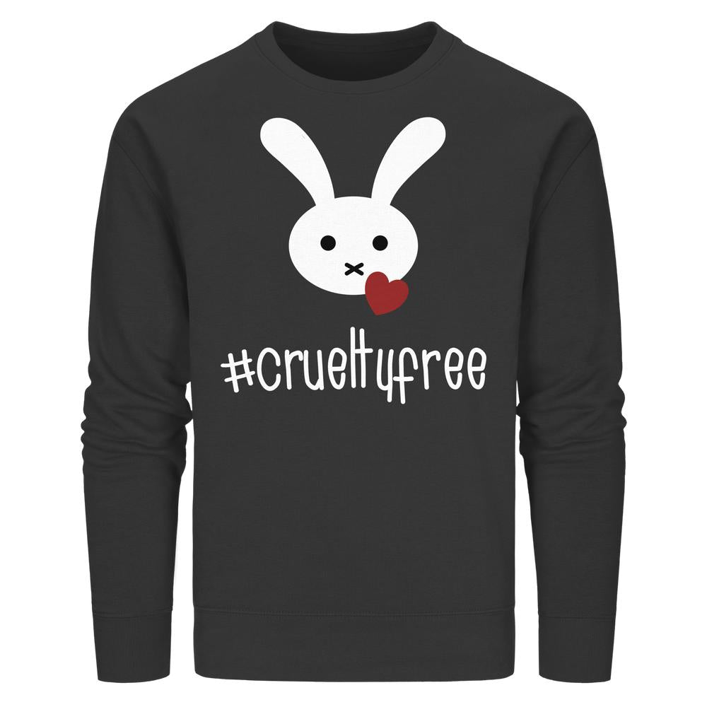 Vegan und Bio Unisex Sweatshirt: Crueltyfree Bunny BIG zeigt schwarzen Pullover mit Hasenmotiv, Herzsymbol und #crueltyfree-Aufdruck, aus Bio-Baumwolle und recyceltem Polyester.