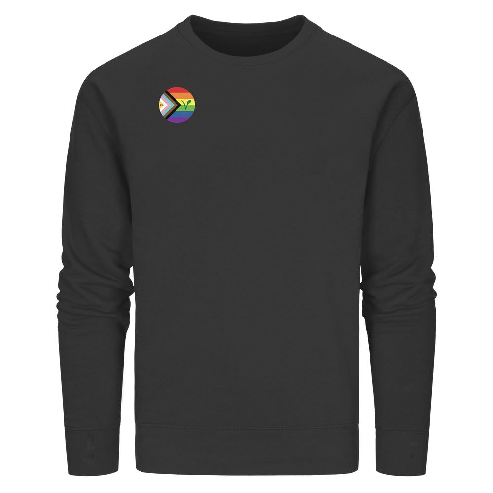 LGBTQIA+ VEGAN Sweatshirt: Schwarzes Bio-Sweatshirt mit Progress-Pride-Flagge und Veganismus-V. Nachhaltige, rebellische Mode von RUDE REBEL, 85% Bio-Baumwolle, 15% recyceltes Polyester.