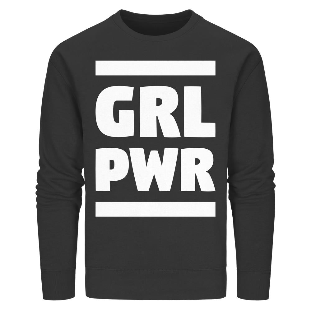 Unisex-Sweatshirt mit GRL PWR Design, langärmelig, aus Bio-Baumwolle und recyceltem Polyester, von RUDE REBEL, verkörpert feministische Botschaft.