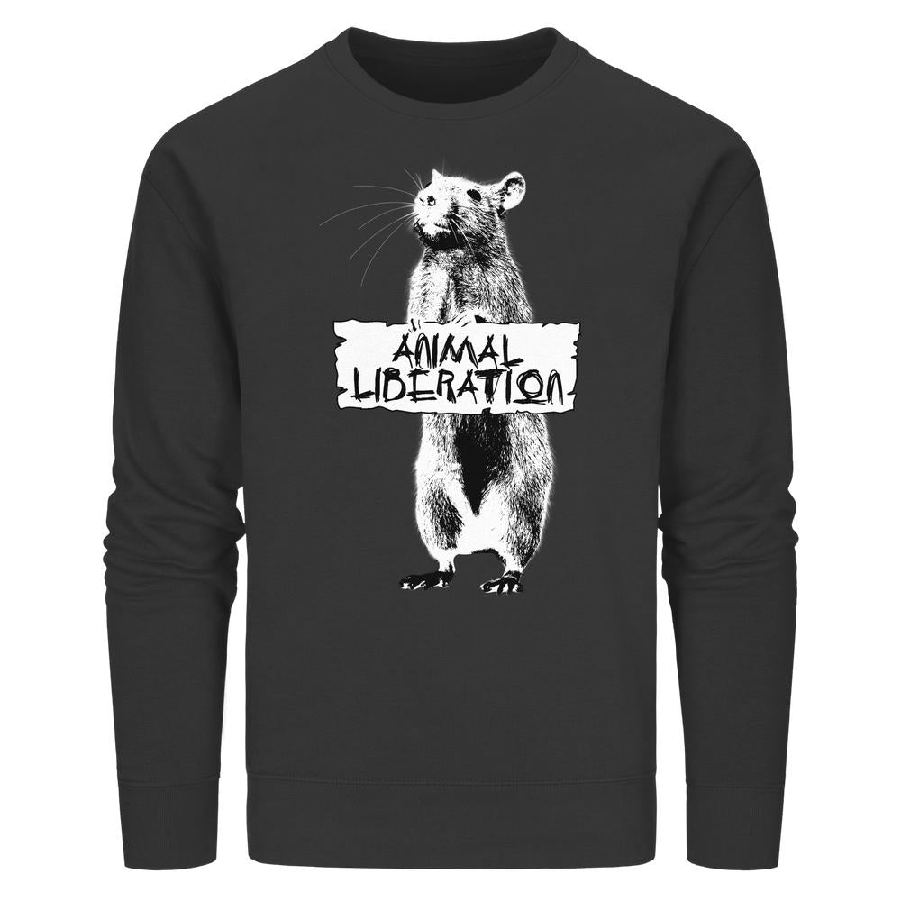 Vegan und Bio Unisex Sweatshirt: Rat for Animal Liberation mit Banksy-inspirierter Ratten-Grafik und ANIMAL LIBERATION-Schild, auf schwarzem, nachhaltigem Bio-Baumwoll-Polyester-Mix.