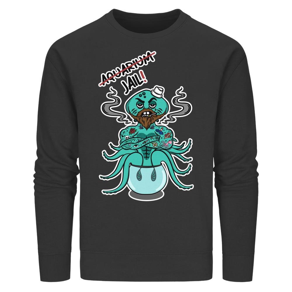 Vegan und Bio Unisex Sweatshirt mit Cartoon-Oktopus, der ein Aquarium als JAIL! darstellt. Nachhaltiges Design für Tierrechte von RUDE REBEL.