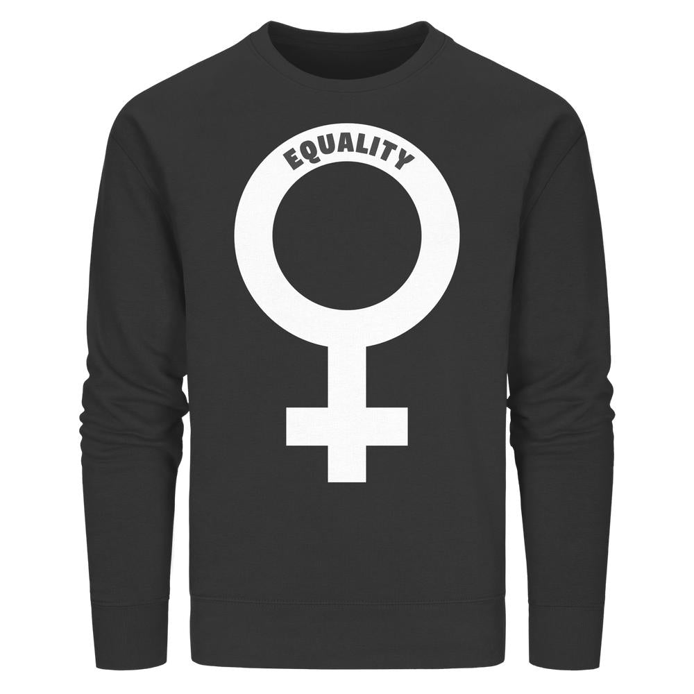 Schwarzes Unisex-Sweatshirt mit großem weißen Venussymbol und EQUALITY-Schriftzug, betont Geschlechtergleichheit. Veganes und nachhaltiges Design von RUDE REBEL.