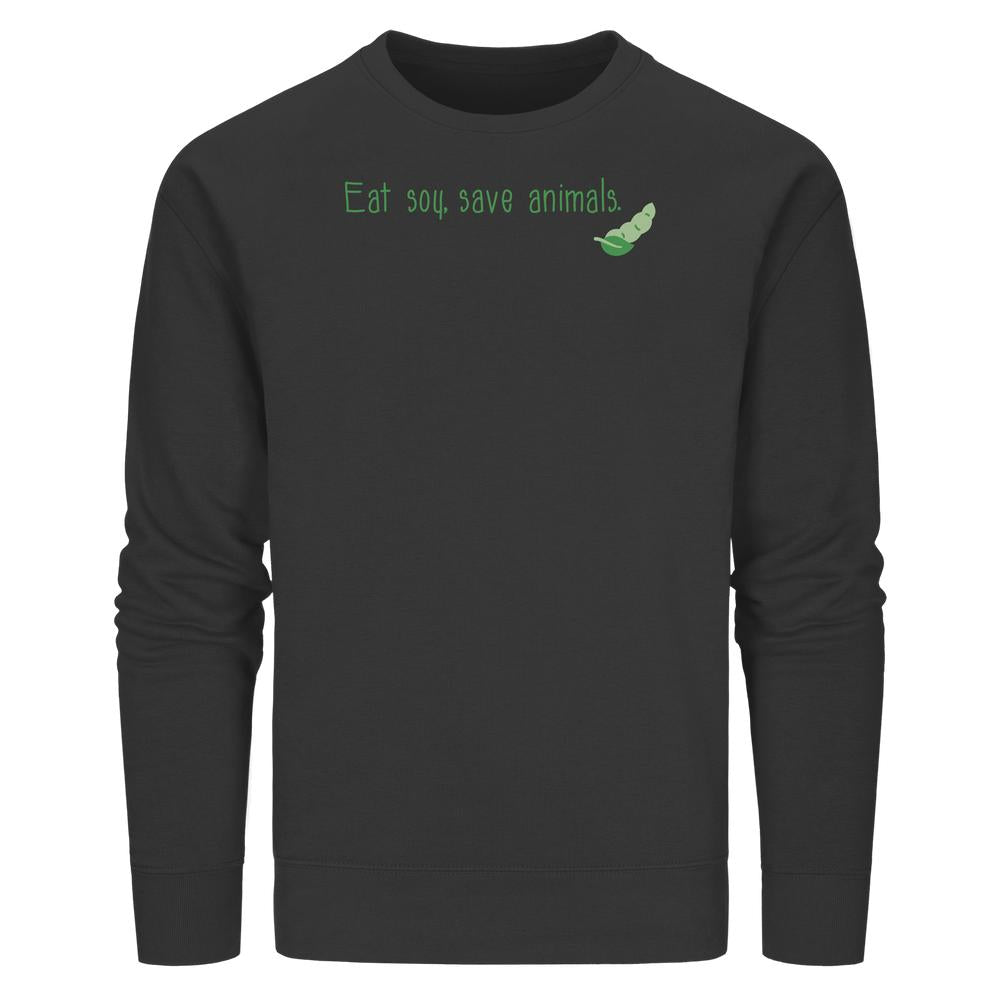 Vegan und Bio Unisex Sweatshirt Veganism - Eat soy, save animals. mit grünem Slogan und Sojabohnen-Grafik auf der Brust, aus Bio-Baumwolle und recyceltem Polyester.