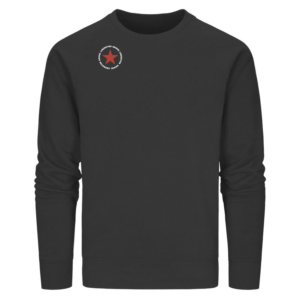 Vegan und Bio Unisex Sweatshirt: Red Star - Animal Liberation, schwarzes Sweatshirt mit rotem Stern und ANIMAL LIBERATION Schriftzug, normale Passform, Bio-Baumwolle und recyceltem Polyester.