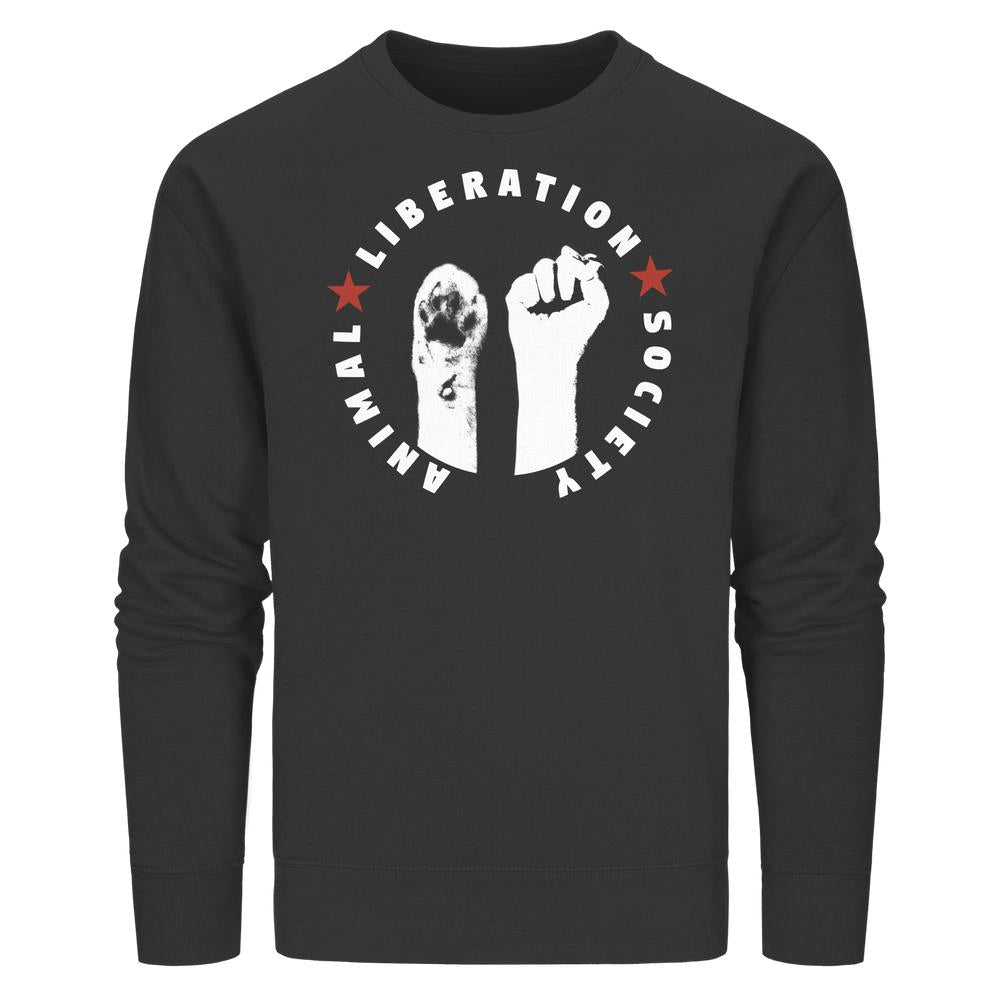 Schwarzes Unisex-Sweatshirt mit weißem ANIMAL LIBERATION SOCIETY-Logo, Tierpfote und Menschenfaust. Veganes, biologisches Statement-Stück aus Baumwolle und recyceltem Polyester.