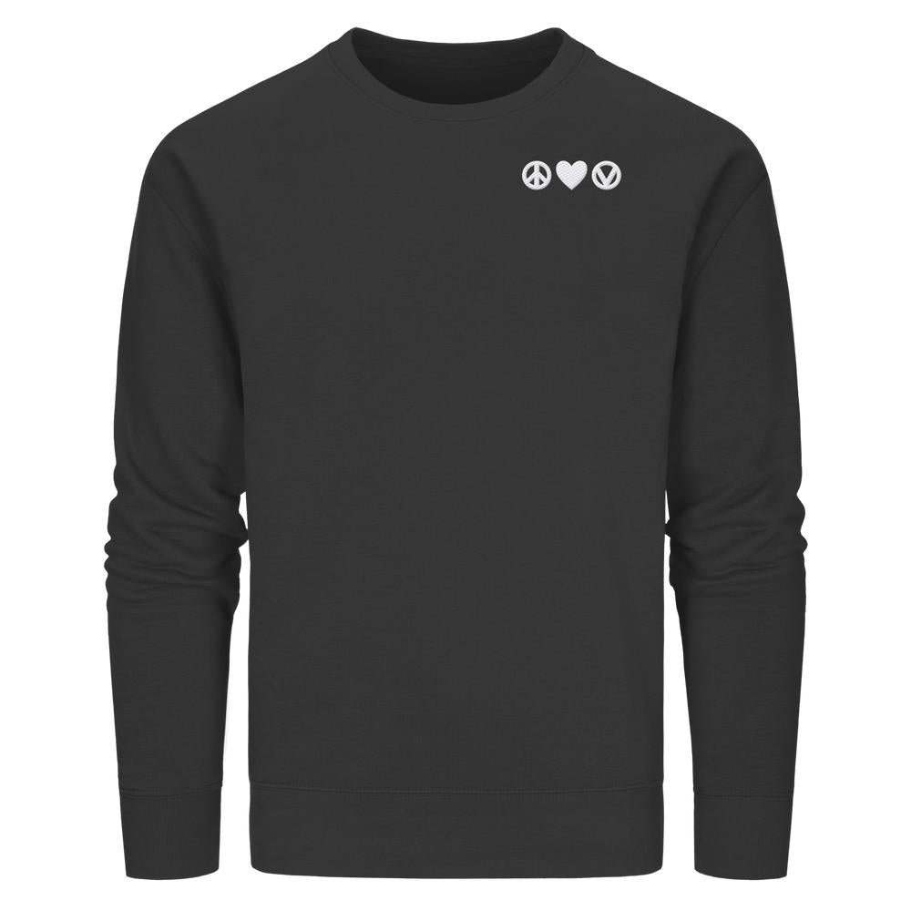 Schwarzes Bio-Sweatshirt mit Stickerei „Peace - Love - Veganism“, drei weiße Symbole auf der Brust: Friedenszeichen, Herz und „V“-Symbol.