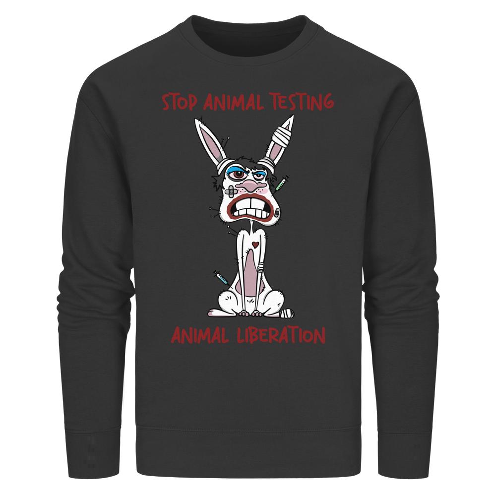 Vegan und Bio Unisex Sweatshirt: White rabbit - STOP ANIMAL TESTING! zeigt einen gezeichneten Hasen mit Spritzen, Bandagen und Anti-Tierversuchs-Botschaften in rebellischem Design.