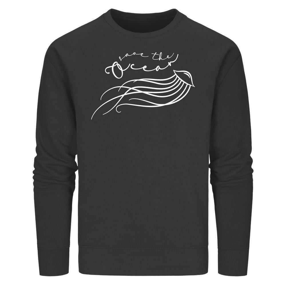 Vegan und Bio Unisex Sweatshirt: Jellyfish - Save the Ocean, schwarzes Langarmshirt mit minimalistischer Quallenzeichnung und Save the Ocean-Slogan, aus Bio-Baumwolle und recyceltem Polyester.