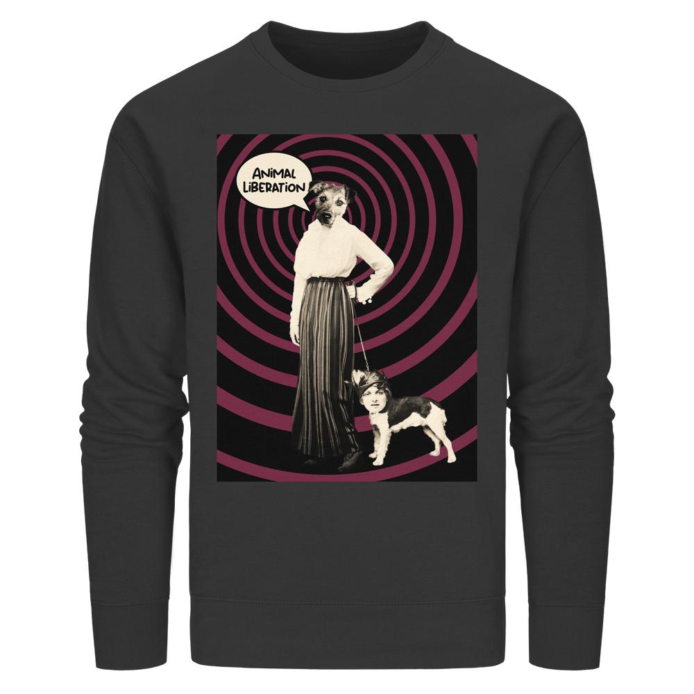 Vegan und Bio Unisex Sweatshirt: Upside Down - Animal Liberation zeigt surrealen Druck mit Hund-Mensch-Figuren und Sprechblase. Hergestellt aus Bio-Baumwolle und recyceltem Polyester.