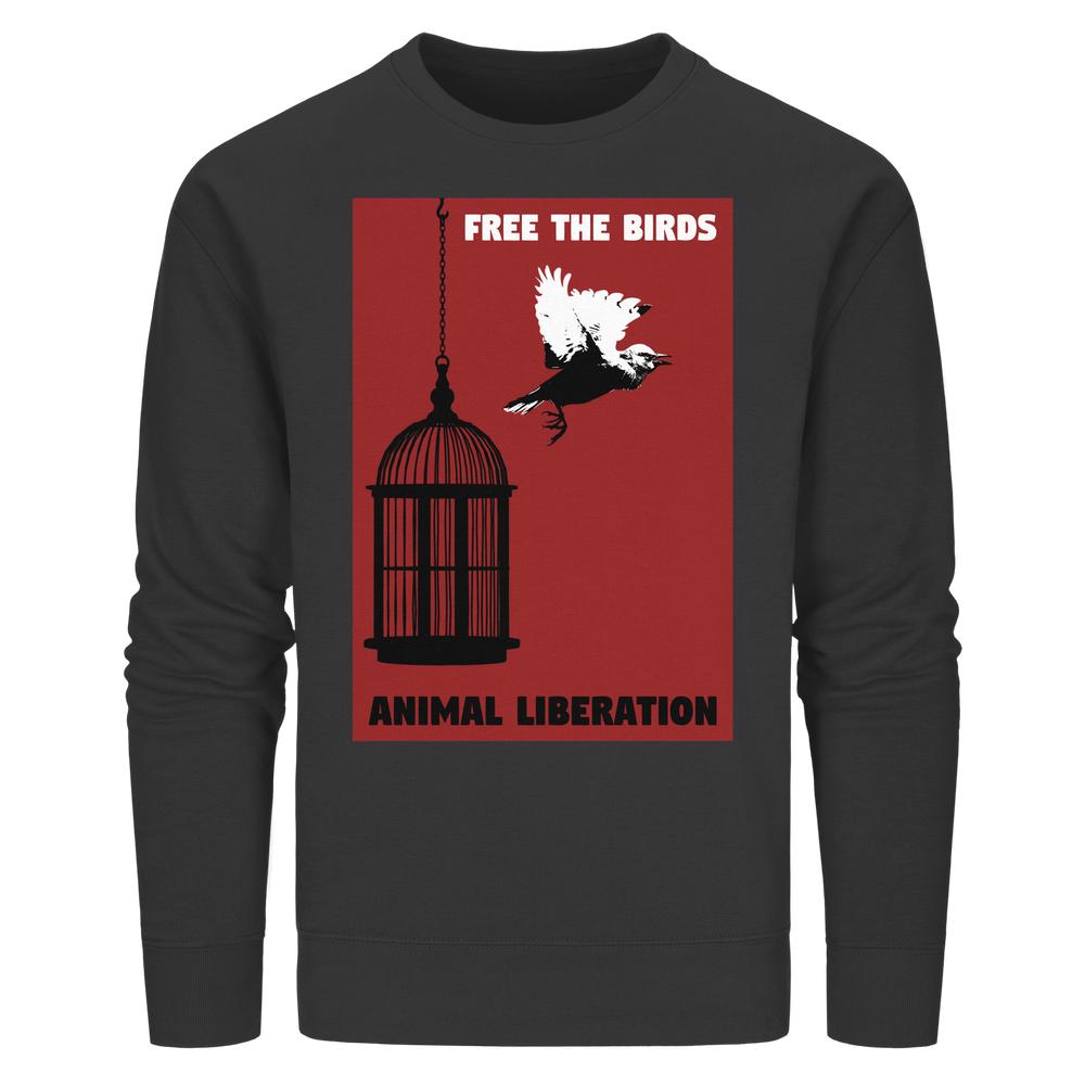 Vegan und Bio Unisex Sweatshirt: Free the birds - Animal Liberation, zeigt eine Grafik mit einem fliegenden Vogel und leerem Käfig, symbolisch für Tierbefreiung.