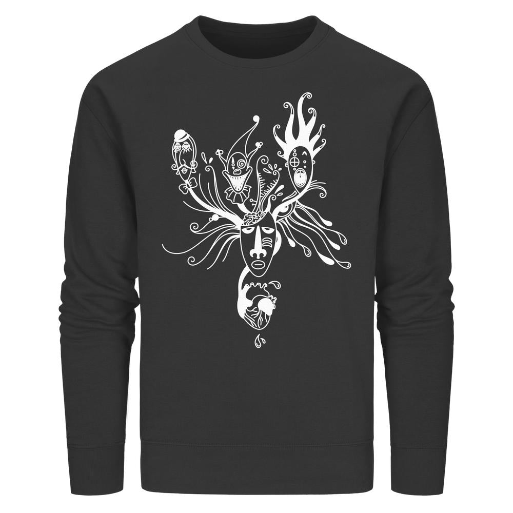 Schwarzes Bio-Sweatshirt mit abstraktem, surrealem Gesichtsgrafik, Herzmotiv und Tropfen, thematisiert mentale Gesundheit. Design von RUDE REBEL, vegan und nachhaltig.