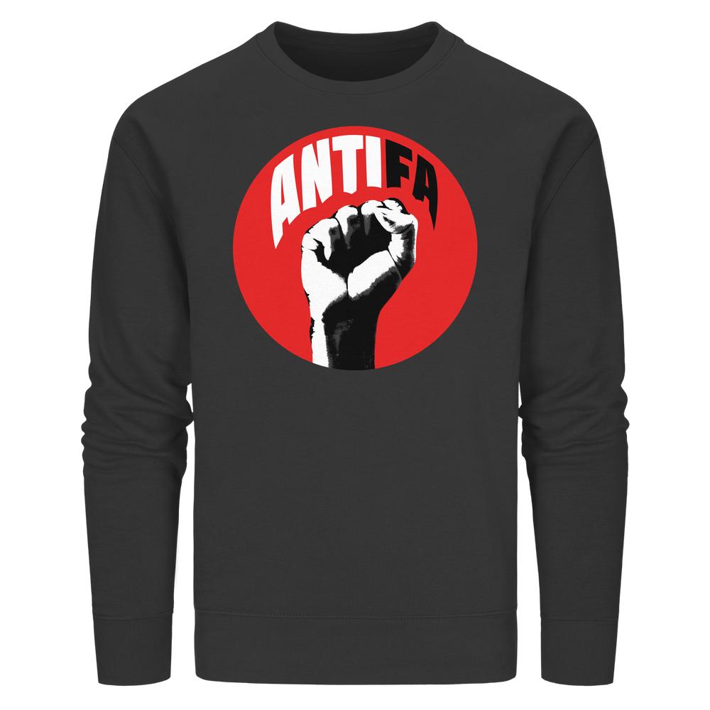 Schwarzes Vegan und Bio Unisex Sweatshirt: Antifa - Kampf gegen Rechts, mit rotem Kreis und stilisierter Faustgrafik, zeigt Engagement für Freiheit und Demokratie.