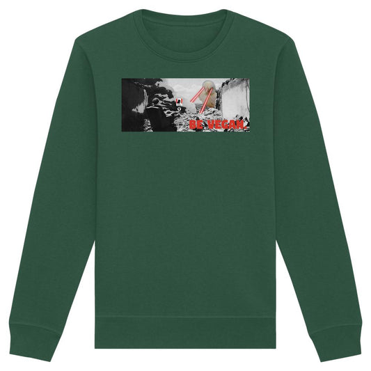 Langarm-Crewneck-Sweatshirt Vegan und Bio Sweatshirt: BE VEGAN. in Waldgrün mit dystopischem Grafikdruck, betont Veganismus und Tierrechte, aus Bio-Baumwolle und recyceltem Polyester.